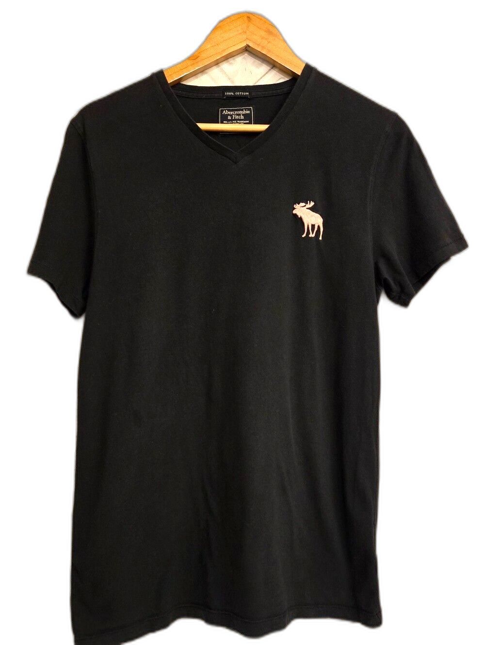 Abercrombie & Fitch Black V-Neck Tee with Pink Moose Logo Size M Preppy Y2K 90's